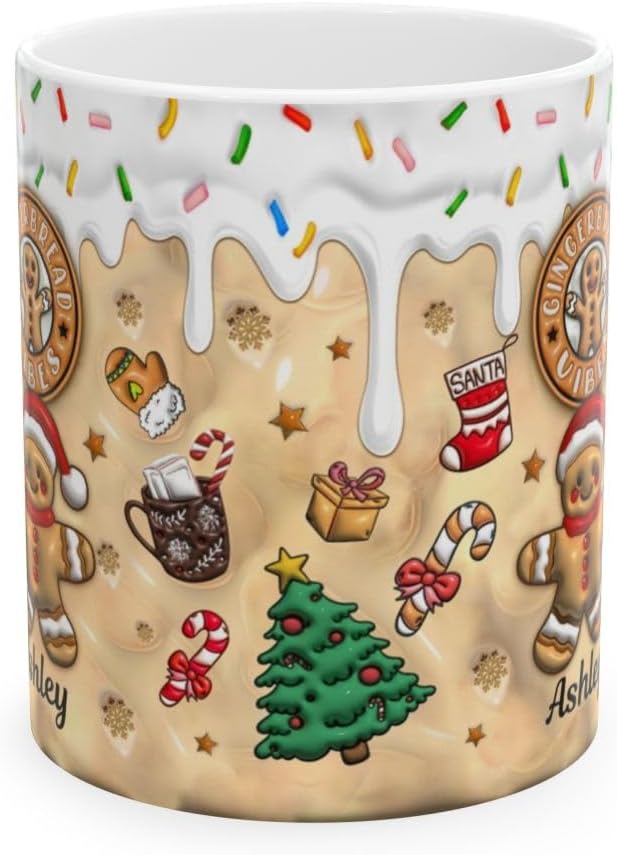 Personalized 3D Effect Christmas Mugs with Names, Gingerbread Man Coffee Mug, Custom Hot Cocoa Accent Mug Funny Christmas Gifts For Sister Friends Mom Dad Women Men 11 or 15 Oz