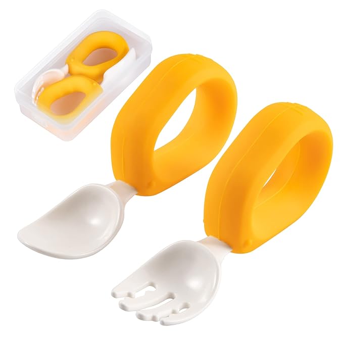 Baby Self Feeding Training Spoon and Fork Set with Travel Case, BPA-Free Cute Circle Toddler Training Utensils, Silicone/ABS Great Tableware Set Spoons Fork for Kids(Yellow)