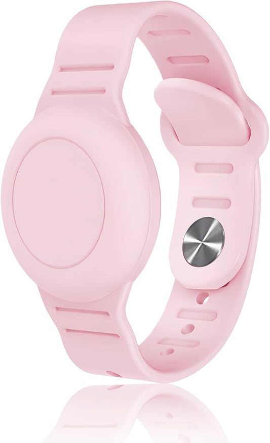 Kids Waterproof Airtag Bracelet Compatible with Apple AirTag, Hidden Silicon Protective Case for Air Tag GPS Tracker Holder, Adjustable Anti-Lost Watch Band for Toddler Child (Pink)