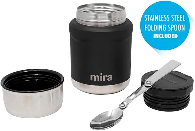 MIRA 15 oz Insulated Food Thermos for hot and cold foods - Leak-Proof Stainless Steel Container with Spoon - Black