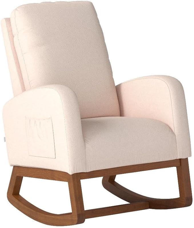 Dolonm Rocking Chair Mid-Century Modern Nursery Rocking Armchair Upholstered Tall Back Accent Glider Rocker for Living Room (Beige)