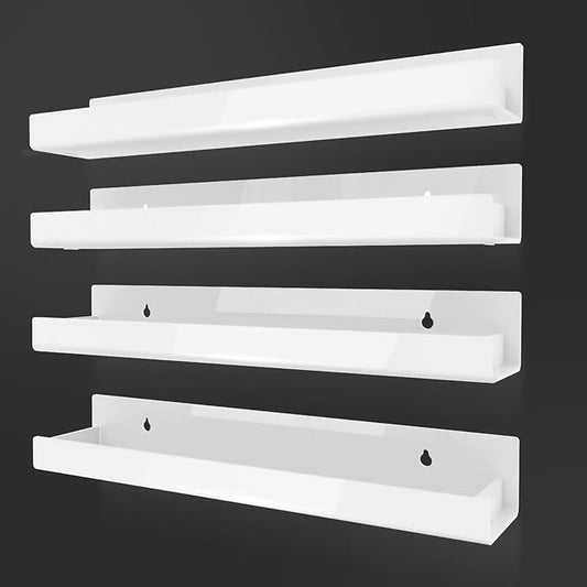 4 Pack 15 Inch Whtie Acrylic Shelves, Kids Floating Bookshelf for Kids Room, Modern Nail Polish Rack Sunglasses Essential Oil Picture Ledge Display Toy Storage Wall Shelf