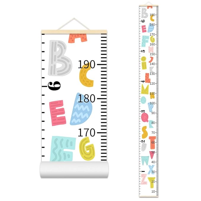 Colorful Alphabet Growth Chart for Kids Baby Height Chart Ruler Removable Canvas Wooden Frame Hanging Wall Rulers Measurement Charts for Toddler Room Nursery Decor - 79"X7.9" with Beige Wood