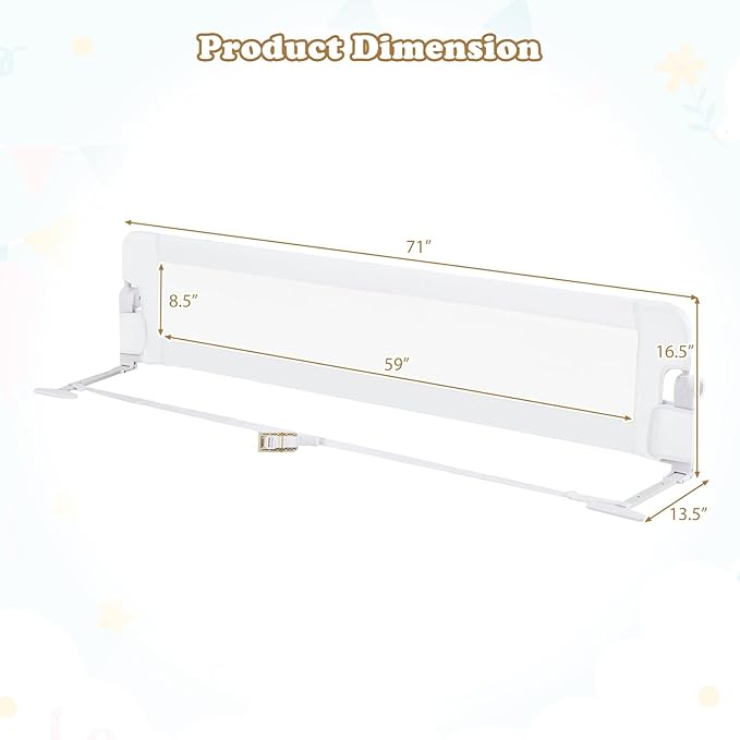 BABY JOY Double Sided Bed Rail Guard, 2 Pack, Extra Long, Swing Down for Convertible Crib, Folding Baby Safety Bedrail for Kids Twin Full Size Queen King Mattress, Rails for Toddlers (White, 71")