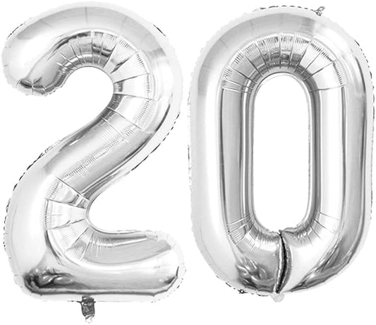 GOER Number 20 Balloons for 20th Birthday Party Decorations,42 Inch Jumbo Foil Helium Balloons for 20th Anniversary (Silver)