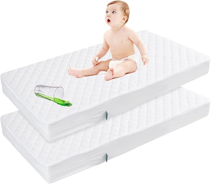 Zippered Crib Mattress Protector - Waterproof Crib Mattress Encasement, Breathable and Absorbent, 6 Sides Fully Encased Cover, 2 Pack, White