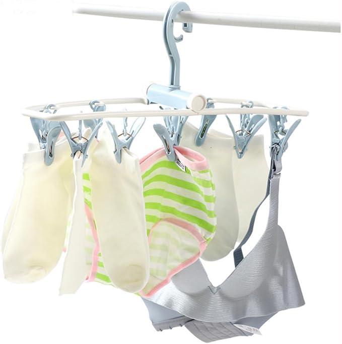 Clothes Drying Racks 2 Pack Small Folding Portable Underwear Hangers with Clips Socks 12 Clips 360° Rotatable Hook for Drying Towels Bras Baby Clothes Gloves Plast