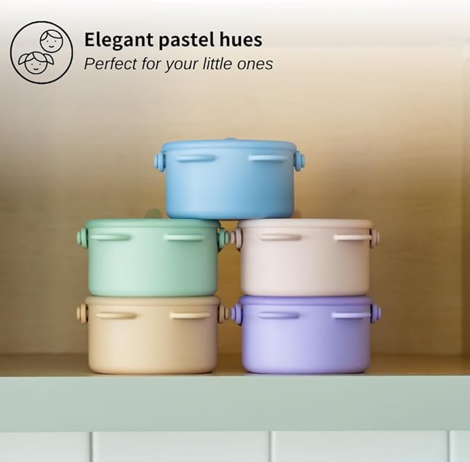 Silicone No Spill Snack Cups for Toddlers – Portable Baby Snack Cup Containers with Dustproof Lid – Dishwasher-Friendly Toddler Spill Proof Cups Without BPA, Lead, or Phthalates – Blue and Beige