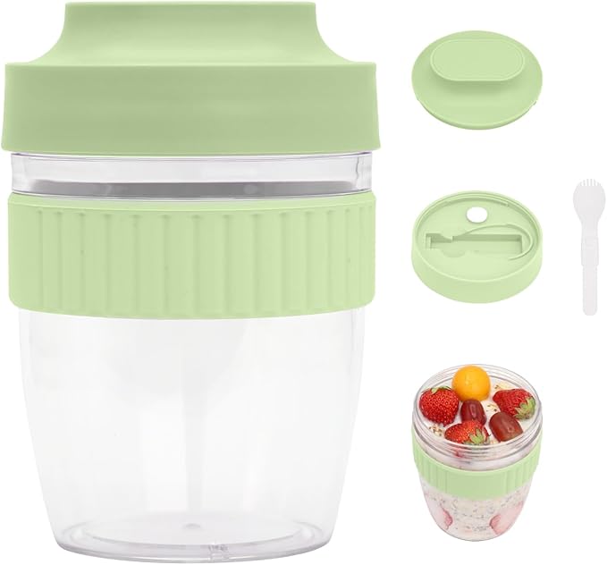 Breakfast On The Go Cups, Overnight Oats Containers With Lid And Folding Spoon, Take And Go Yogurt Cereal Snack Parfait Salad Containers For Lunch, Fruit & Vegetable Jar, 20 oz(Green)