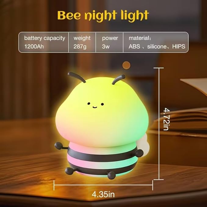 Bee Night Light for Kids,Cute Squishy Silicone Nursery Night Lamp Kawaii Animal Bedside Nightlight with 7 Colors 3 Levels Dimmable Tap Control Rechargeable Nightlights for Kids, Room Decor
