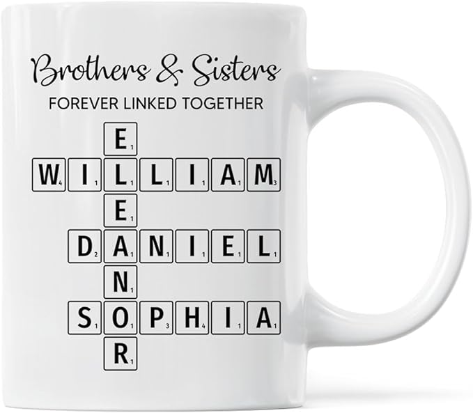 Trending Custom Brothers & Sisters Forever Linked Together Personalized White Mug Brothers Sisters Crossword Puzzle Art Mug, Gift For Brothers, Sisters, Siblings, Family Member on Birthday Christmas