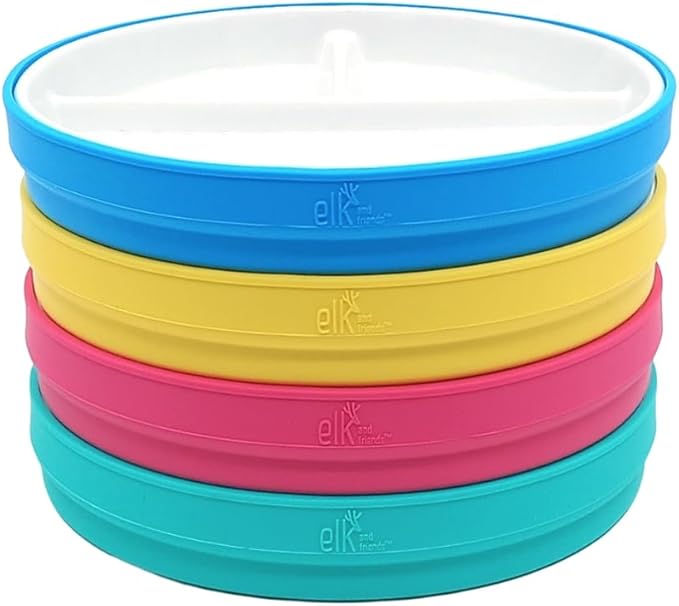 Elk and Friends Kids 7.8” Porcelain White Plates with Silicone Sleeves | Divided Plates | Suitable for Kids/Toddlers | Microwave & Dishwasher Safe | Non Slip | Snack Dishes…