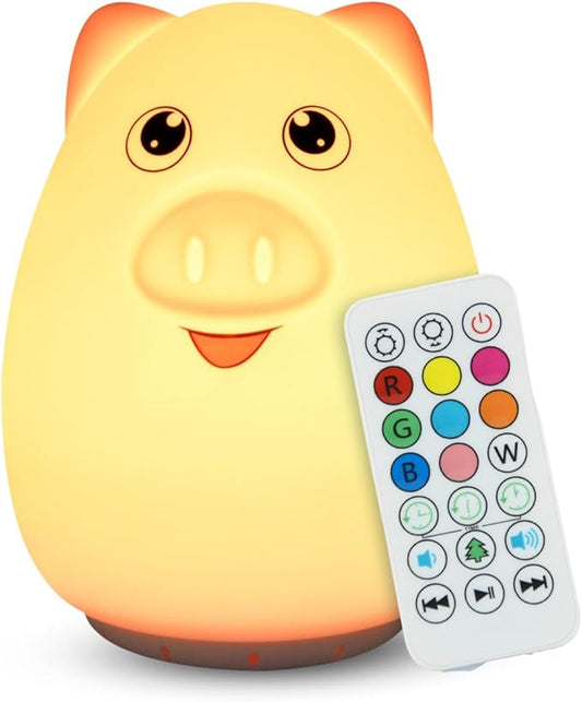 Combined Bluetooth Speaker & Nightlight With 9 Color Emissions, Child Friendly Silicone & BPA Free, USB Recharging, Receives Audio From Computer, Phone Or Tablet, and includes Remote Control (Pig)