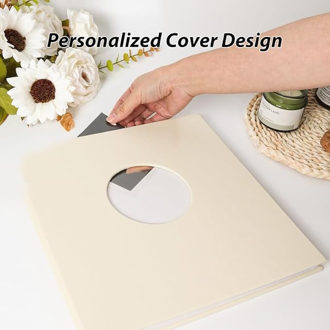 RECUTMS Photo Album Self Adhesive with Round Window 4x6 5x7 6x8 8x10 Magnetic Scrapbook with 40 Pages Leather Cover DIY Photo Album with Metallic Pen and Scraping Plate (Begie)