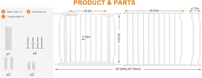 Extra Wide Baby Gate for Doorways Stairs Living Room Pressure Monuted Walk Through Safety Gate for Kids or Pets Dogs 62 Inch to 67 Inch Wide with Extensions
