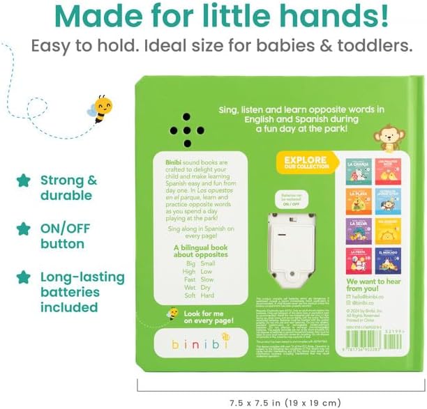 Binibi Spanish Musical Book for Babies & Toddlers 1-3 | Opuestos en el Parque | Bilingual Sound Book