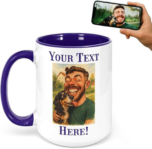 Personalized Coffee Mug, Custom Photo Caricature Gift, Funny Customized Coffee Gift for Men & Women, Custom Mugs with Pictures, Navy 15oz Father's Day Mug