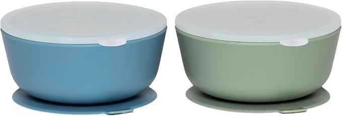 WeeSprout Suction Bowls for Baby & Toddlers (Set of 2) - 100% Silicone w/Plastic Lid - Leak Proof Feeding Supplies - Dishwasher & Microwave Safe Infant Dinnerware w/Extra Strong Base