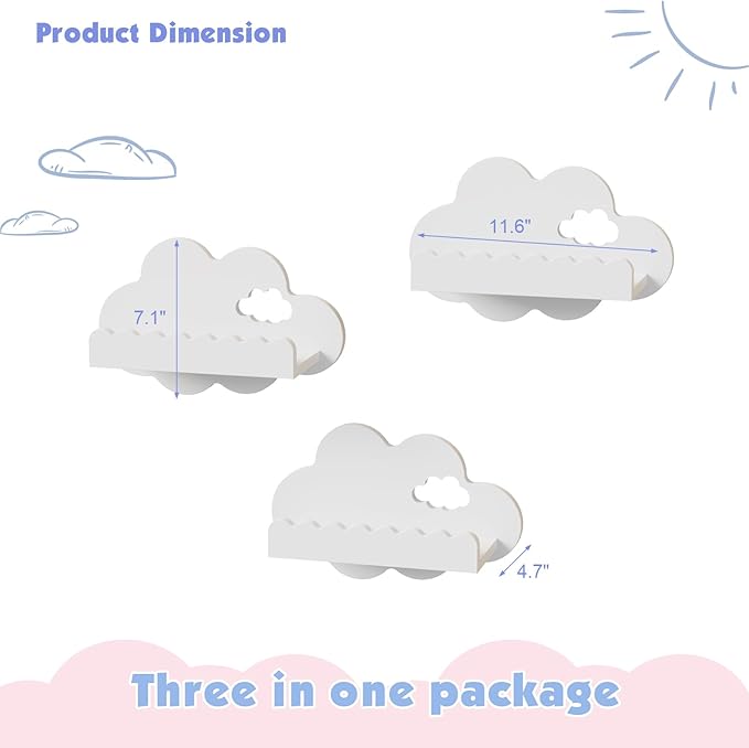 NACHES 3-Piece Floating Bookshelf - Scalloped White Cloud Wooden Wall Shelves, Kids Room/Nursery Decor for Books & Picture, Easy to Mount Display Shelves