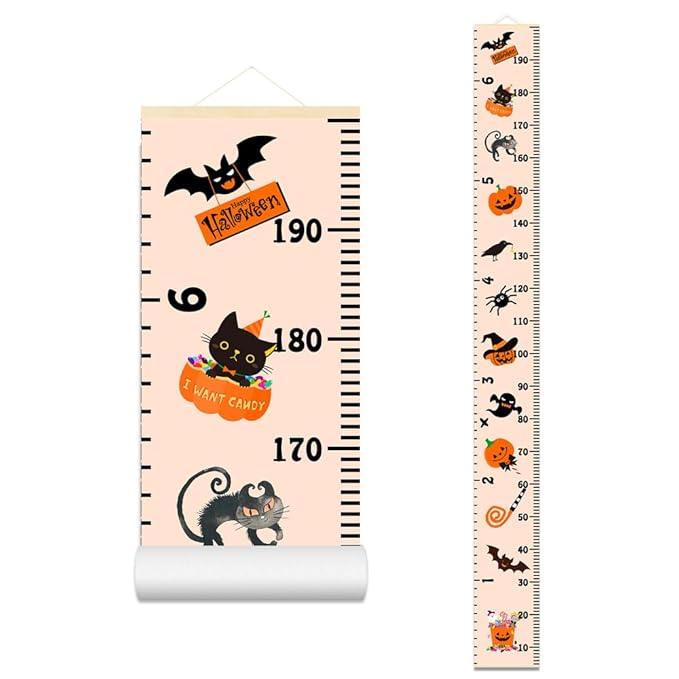 Halloween Baby Height Growth Chart - Canvas Height Chart for Kids Baby Child Toddler Boys Girls Growth Chart for Wall Room Nursery Decor Hangable and Removable Measuring Wall Ruler (A, Beige Wood)