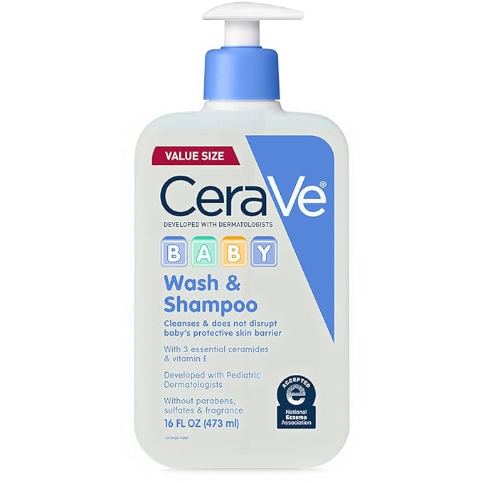 CeraVe Baby Wash & Shampoo, 2-in-1 Tear-Free for Skin Hair Fragrance, Paraben, Dye, Phthalates Sulfate Free Bath, Soap with Vitamin E 16 Ounce