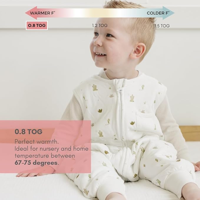 Tealbee DREAMSUIT: Toddler Sleep Sack with Feet 3T 4T - 0.8 TOG Lightweight Baby Wearable Blanket for Walkers - Rayon Made from Bamboo, Organic Cotton Sleeping Bag - Cactus