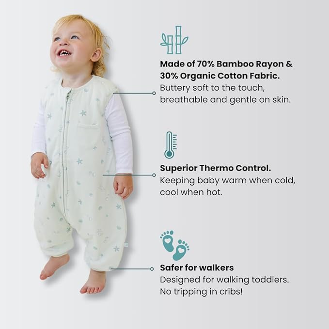 Tealbee Dreamsuit: Toddler Sleep Sack with Feet 2T 3T - 1.5 TOG Winter Baby Wearable Blanket for Walkers - Rayon made from Bamboo, Organic Cotton Sleep Bag - Seashell