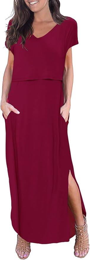 Smallshow Women's Maternity Nursing Dresses Split Long Dress for Breastfeeding