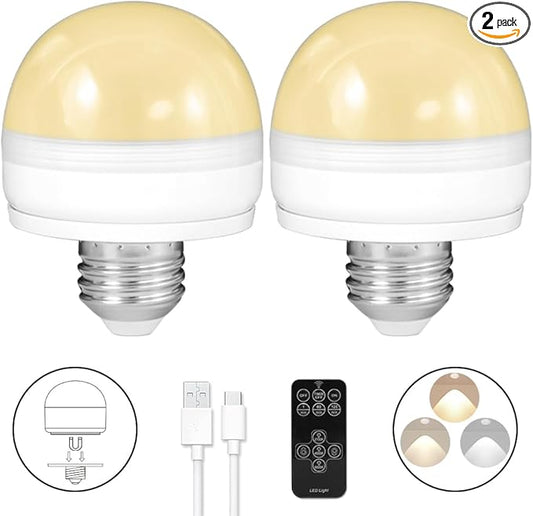 BLUEYE Rechargeable Light Bulbs,2Pack,7W,Remote Control,Soft Warm 2700K-6000K,50W Equivalent,450Lumens,Flicker-Free,E26 Detachable Charging,E12 Available,Battery Operated Emergency Lamp for No Outlet