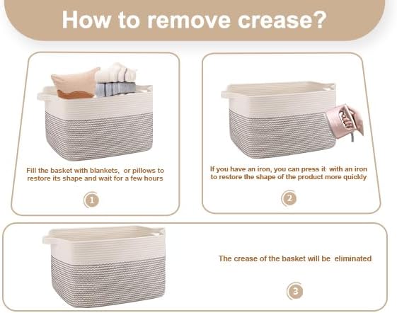 OIAHOMY 65L Blanket Basket, Cotton Rope Woven Blanket storage for Living Room, Rectangle Woven Baskets for Storage, 20''×16''×12'', Black and White