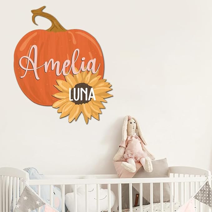 Personalized Wooden Name Sign, Round 3D Nursery Name Sign, Pumpkin Sunflower Nursery, Baby Name Sign, Wooden name signs for nursery, Little Pumpkin Decor, Baby Shower, Name signs for kids gift/14
