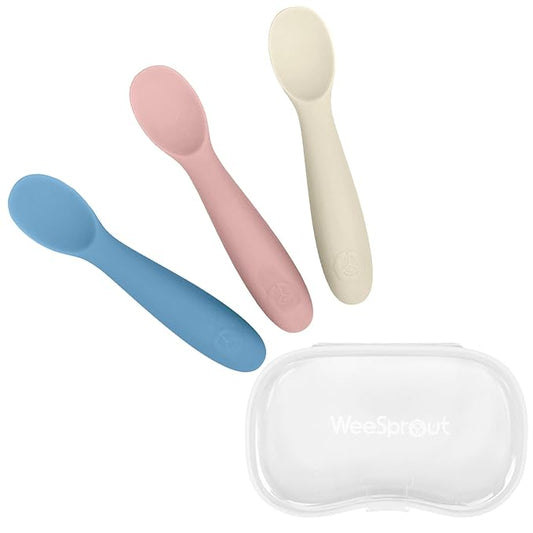 WeeSprout Baby Spoons for Self Feeding 6 Months +, Soft & Durable Silicone Utensils for Sensitive Gums & Teeth, Easy Grip Handles & Shorter Length for Little Hands, 3 Pack + Carrying Case