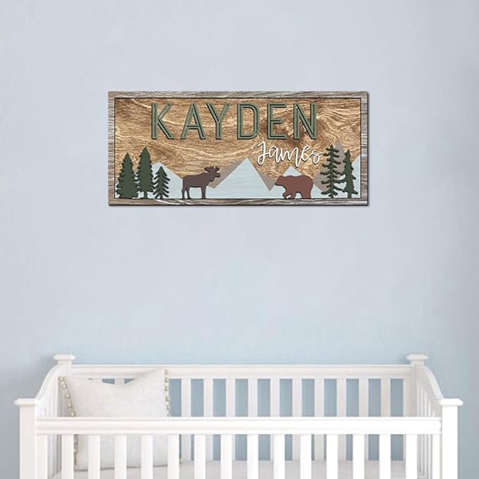 Personalized Wooden baby name sign for nursery, Woodland theme nursery, Animal for kids room decor, Custom name sign for boys, Door hanging gift/2