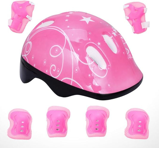 Totority Kids Helmet Knee Elbow Pads: 7pcs Children Skating Helmet Skateboard Knee Gear Wrist Cuff Elbow Protectors Pink