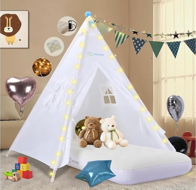 6 Pack Teepee Tent for Kids with Inflatable Airbed, Light, Toddler Tent Children Room Tents, Slumber Party Sleepover Tents, Indoor Outdoor Kids Playtent Playhouse for Girls & Boys