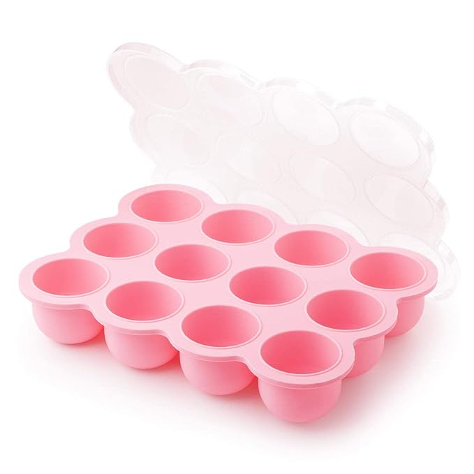 Samuelworld Baby Breast Milk and Food Storage Container, 12 Portions x 2.5oz, Stackable Food Grade Silicone Tray with Clip-On Hard Lid for Homemade Purees, Vegetables & Fruits - Pink