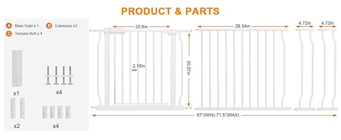 Extra Wide Baby Gate Extra Tall Dog Gate for Stairs Doorways White Metal Tension Child Pet Safety Gates with Pressure Mount 67-71.5 Inch (White)