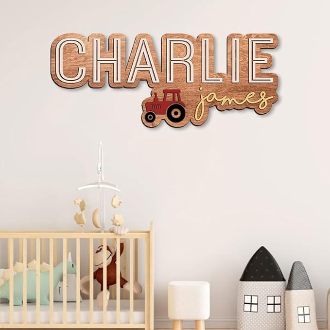 Personalized Wooden Nursery Name Sign, Baby Name sign for kids room decor, Tractor themed for boys girls, Baby shower, Door hanging gift/9