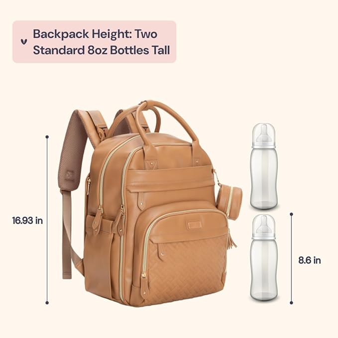 BabbleRoo Leather Diaper Bag Backpack - Baby Essentials Travel Baby Bag, Multi function, Waterproof, with Changing Pad, Stroller Straps & Pacifier Case – Unisex, Light Brown