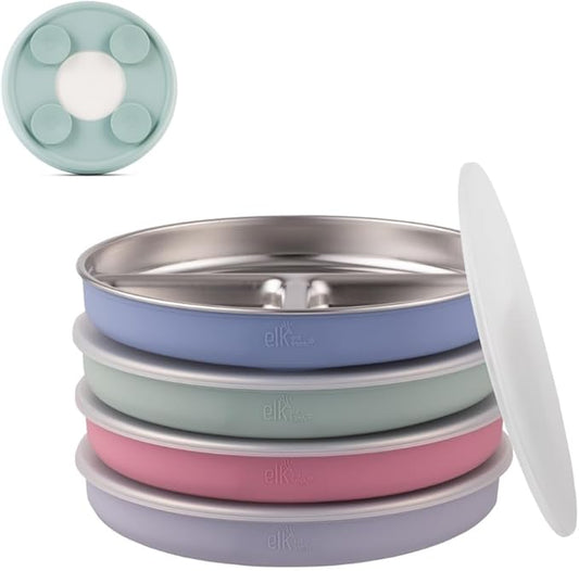 Elk and Friends Stainless Steel Divided Plates with Silicone Sleeve for Babies & Toddlers | Lids Included | Stay Put Suction | Dinner & Snack Plates | 4 Pack