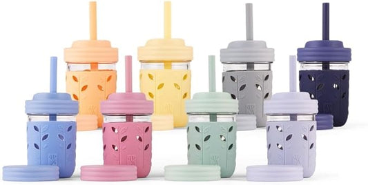 Elk and Friends Kids & Toddler Cups | The Original Glass Mason jars 8 oz with Silicone Sleeves & Silicone Straws with Stoppers | Smoothie Cups | Spill Proof Sippy Cups for Toddlers | 8 Pack
