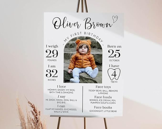 Personalized First Birthday Milestone Sign, Modern 1St Birthday Milestone Poster, One Year Of Baby Photo Milestone Board, Design 013