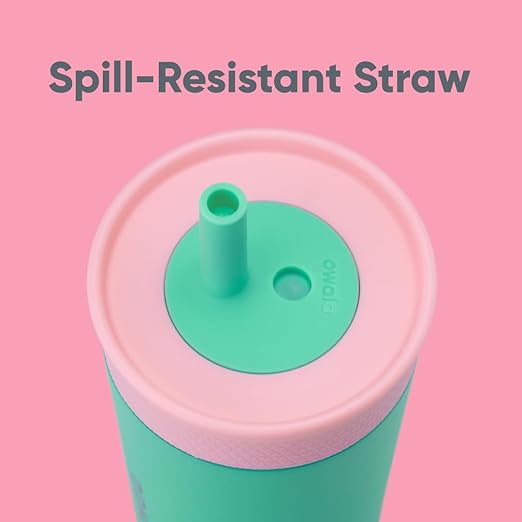 Owala Kids Insulation Stainless Steel Tumbler with Spill Resistant Flexible Straw, Easy to Clean, Kids Water Bottle, Great for Travel, Dishwasher Safe, 12 Oz, Pink and Teal (Real Cool Fish)