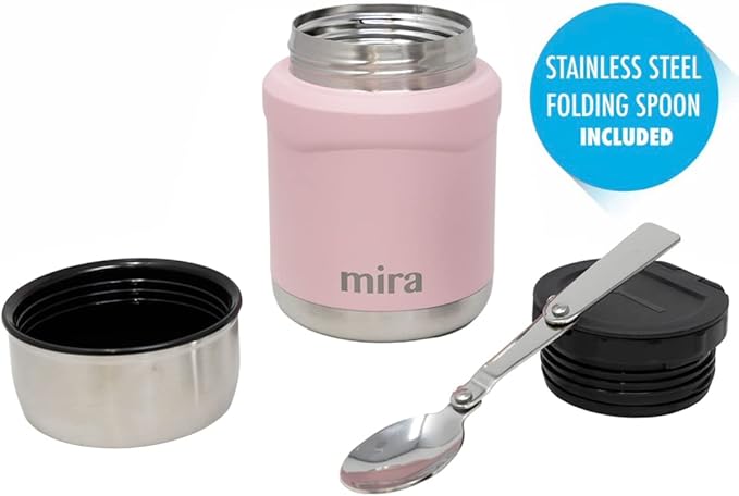 MIRA 15 oz Insulated Food Thermos for hot and cold foods - Leak-Proof Stainless Steel Container with Spoon - Rose Pink
