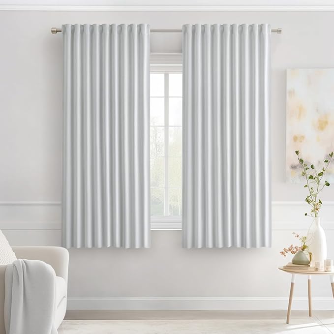 MIULEE Greyish White Back Tab Blackout Curtains 63 Inches Long 2 Panels Set for Living Room Bedroom Privacy, Rod Pocket/Pinch Pleat Thermal Insulated Room Darkening Pleated Light Blocking Drapes