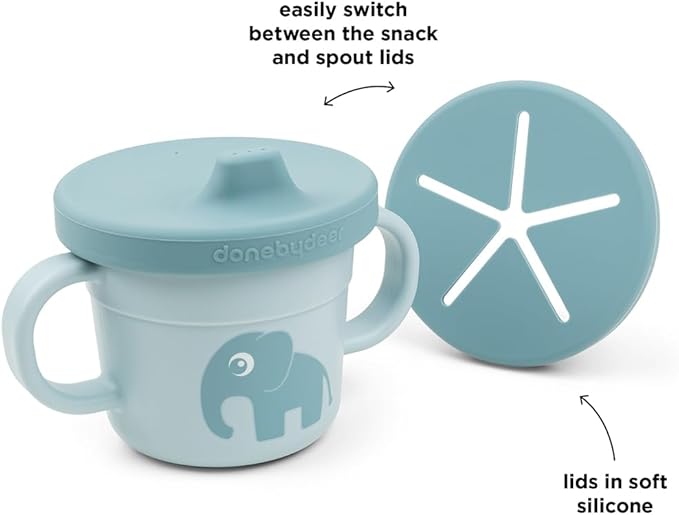Done by Deer Elphee Blue Snack & Sippy Cup – Spill-Proof Toddler Cup with Soft Spout, Easy-Grip Handles, and Snap-On Lid – Perfect for 6-Month-Olds
