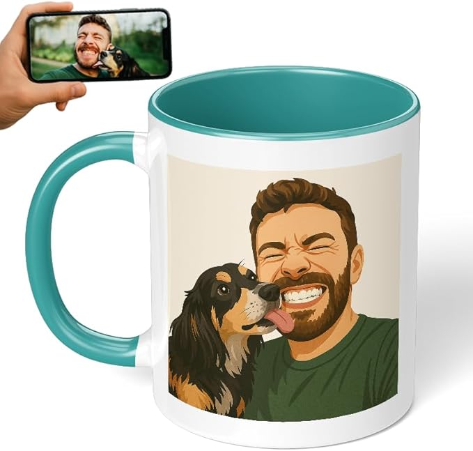 Personalized Coffee Mug, Custom Drawing Portrait Gift, Funny Customized Coffee Gift for Men & Women, Custom Mugs with Pictures, Teal 11oz Customized Ceramic Tea Cup