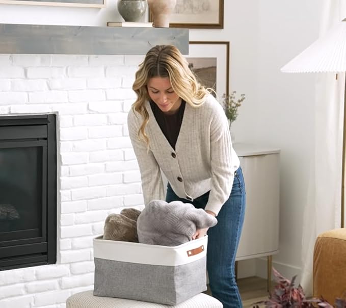 OrganiHaus Extra Large Fabric Storage Baskets for Shelves 3 Pack | 16x13in Closet Storage Bins for Shelves | Cloth Baskets for Organizing | Linen Closet Organizers | Fabric Storage Bin - Gray/White