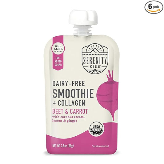 Serenity Kids 6+ Months Dairy-Free Smoothie Baby Food Pouch - USDA Organic - Grass Fed Collagen Protein - 3.5 Ounce BPA-Free Pouch - Beet & Carrot - 6 Count