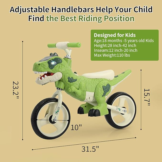 Dinosaur-Themed Toddler Balance Bike Toys for 2-7 Year Old Girls & Boys - Music & Lighting Effects, No-Pedal Training Bike, Best Gifts for Kids with Carbon Steel Frame & Adjustable Handlebar